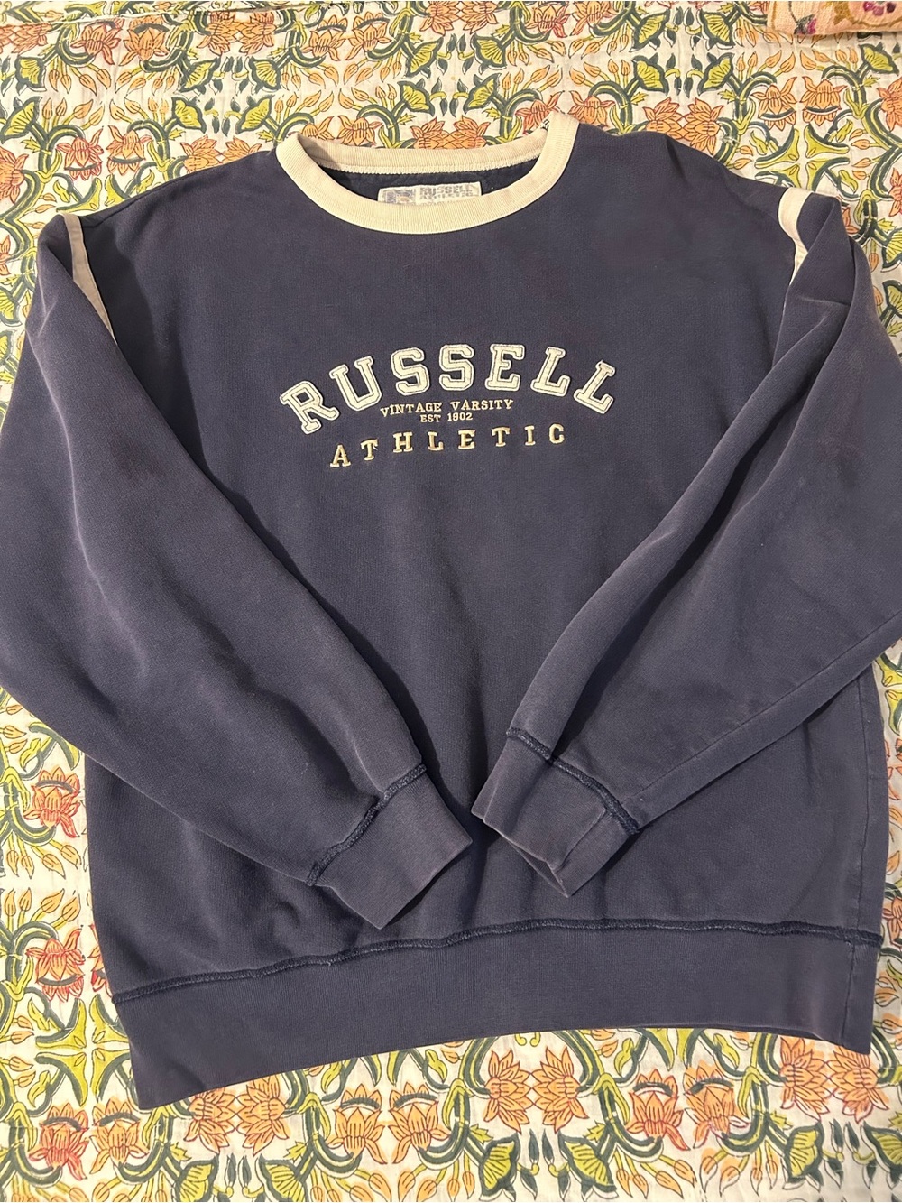Vintage Russell Athletic Navy Crewneck Sweatshirt with Cream Trim